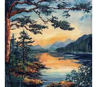 XvvwEndlessx Broderie Point De Croix Imprimé Kit Broderie Debutant ForêT D'Eau Vive Au Coucher Du Soleil A 11CT DIY ŒUvres D'Art Faites à La Main Pour Adultes DéButants 40×50Cm