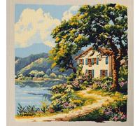XvvwEndlessx Broderie Point De Croix Imprimé Kit Broderie Debutant Maison De La Mer Fleurie Et Eau Vive B 11CT DIY ŒUvres D'Art Faites à La Main Pour Adultes DéButants 40×50Cm