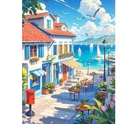 XvvwEndlessx Broderie Point De Croix Imprimé Kit Broderie Debutant Ville Bleue Au Bord De La Mer 3 11CT DIY ŒUvres D'Art Faites à La Main Pour Adultes DéButants 40×50Cm