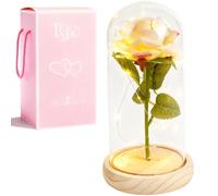 XVZ La Belle et la Bête Rose éternelle - Cadeau de fleurs pour femmes, rose sous cloche en verre avec LED et support en bois pour mère, épouse ou amie pour Noël, Saint-Valentin ou anniversaires - Or