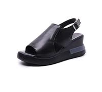 XWCG Sandales D'été Femmes Sandales Compensées avec Bride À La Cheville Sandales Bout Ouvert Solide Faux Cuir Orthopédique Femmes Chaussures,Noir,US9/EU41