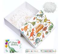 XWCHASA Boîte Cadeau Anniversaire 25 x 18 x 8,5 cm, Blanc Boite Cadeau Vide Pliable avec Couvercle, Ruban, Carte D'anniversaire, Raphia pour Garçon, Adolescent(Dinosaure)