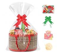 XWCHASA Panier Cadeau Vide, Panier en Bambou avec 2 Sacs en Verre, 2 Nœuds, Carte de Vœux, Raphia, Étiquette, pour Noël, Anniversaire, Baby Shower, Mariage (Rouge)