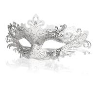 Xweptuy Masque vénitien pour femmes masque de mascarade blanche avec sculpture exquise et strass 8x4 pouces demi-visage en plastique