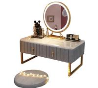 XX Grande table de maquillage LED avec tiroirs - Coiffeuse élégante grise et rose avec tapis en velours pour chambre à coucher, design moderne pour femme