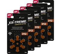 XX-Treme Lot de 30 piles pour appareils auditifs Longlife Extra type 312-30 piles pour appareils auditifs - Pack de 5 blisters de 6 piles pour appareils auditifs - PR41 code couleur marron 1,45 V
