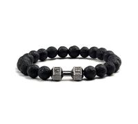 XXCLW Bracelet en pierre volcanique naturelle pour homme - Noir mat - Perles blanches - Breloque haltère - Bijoux de fitness pour femme, taille unique, Agate