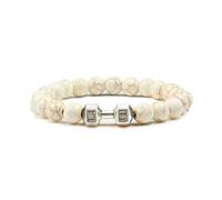XXCLW Bracelet en pierre volcanique naturelle pour homme - Noir mat - Perles blanches - Breloque haltère - Bijoux de fitness pour femme, taille unique, Agate