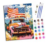 XXHXIE Peinture par Numéros pour Adultes Kit de Peinture à l'huile sur Toile par Numéro pour ou Débutants Drapeau américain avec camion Avec Pinceaux à Dessin 40 x 50 cm Avec cadre