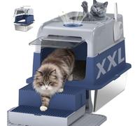 XXL Bac Litière pour Chat en Acier Inoxydable avec Couvercle, Litière Fermée Cityflee, Bac à Litière Couvert avec Entrée par Le Dessus et l'avant, Inclut Tapis et Pelle à Litière, Contrôle des Odeurs