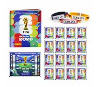XXL Fan Starterset CM 2026 - Album et autocollants Panini originaux, Extra 1x calendrier de matchs & 3x bracelets Allemagne (50 pochettes / ensemble de 350 autocollants) Pack exclusif de marques