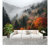 XXL HD Amovible Papier Peint Photo Montagnes Et ForêTs Paysages Brumeux Intissé Décoration Papier Peint 300x210 cm Vert Clair Facile à Installer Raccordement sans Couture Amovible Fresque Murale