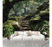 XXL HD Amovible Papier Peint Photo Paysage Des Escaliers En Pierre De La ForêT Intissé Décoration Papier Peint 350x256 cm Vert Facile à Installer Raccordement sans Couture Amovible Fresque Murale