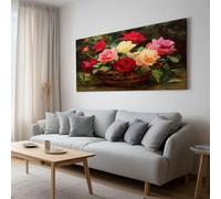 XXL Panorama Tableau Décoration Murale avec Cadre Bambou Panier Rose Bouquet, Impression sur Toile Salon Moderne - Déco pour Grand Salon Bureau 140x70 cm