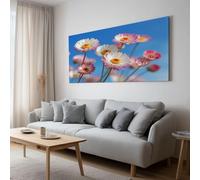 XXL Panorama Tableau Décoration Murale avec Cadre Botanique Rose Blanc Marguerite Ciel Bleu, Impression sur Toile Salon Moderne - Déco pour Grand Salon Bureau 140x70 cm