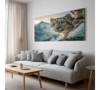 XXL Panorama Tableau Décoration Murale avec Cadre Neige Montagne Léopard Neiges Portrait, Impression sur Toile Salon Moderne - Déco pour Grand Salon Bureau 140x70 cm