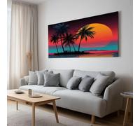 XXL Panorama Tableau sur Toile avec Cadre Coucher Soleil Tropical Palmier, Impression Murale Décoration Salon Bureau Hôtel - Design Moderne Cadeau 140x70 cm