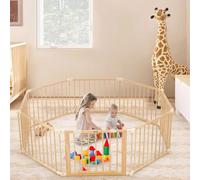 XXL Parc bébé pliable en bois naturel 172x172 cm avec porte sécurisée et ventouses antidérapantes, parc modulable pour bébé et enfant, grande aire de jeu stable pour maison