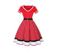 (XXL,red)Vintage 50s 60s Women's Vintage Party Dress With Belt Polka Dot Print Short Sleeve Hepburn Robe Pin Up Rockabilly Dresses