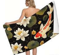 XXL Serviette de Plage Microfibre Carpes koï d'étang et Feuilles de Lotus 180 x 90 cm Dessin Animé Anti-Sable Séchage Rapide Légère et Portable Drap de Plage