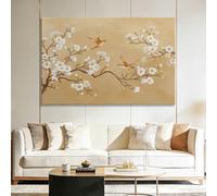 XXL Tableau Décoration Murale avec Cadre Style Chinois Fleurs Prunier Blanc Oiseau, Grand Impression sur Toile Salon Moderne - Art Mural Chambre Salle à Manger 100x75 cm