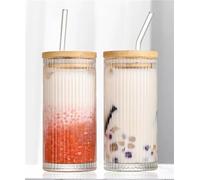 XXWZJH Lot de 2 gobelets en verre côtelé de 355 ml avec couvercles et pailles, verres vintage nervurés pour whisky, cocktail, bière, café glacé pour jolis cadeaux