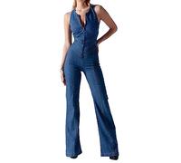 xxxiticat Combinaison sexy sans manches pour femme - En denim - Avec poche, Bleu-2, L