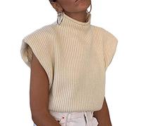 xxxiticat Crop Pull pour femme élégant et élégant avec épaulettes sans manches Col roulé Large, beige, M
