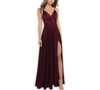 xxxiticat Femme Robe Longue en Satin de Demoiselle d'honneur Formelle Encolure V Bretelles A - Type Robe de Bal avec Fourche Bordeaux Profond, M