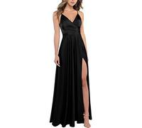 xxxiticat Femme Robe Longue en Satin de Demoiselle d'honneur Formelle Encolure V Bretelles A - Type Robe de Bal avec Fourche Noir, S