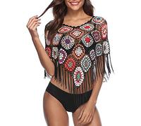 xxxiticat - Haut de Bikini pour Femme - Broderie ajourée - Poncho à Franges - Ourlet en Crochet - Motif Floral - Noir - Taille Unique