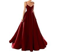 xxxiticat Robe de bal longue élégante en satin pour femme - Robe de mariée - Robe de soirée sexy - Col en V - Robe de mariée spaghetti - Robe longue de princesse - Robe de demoiselle d'honneur avec