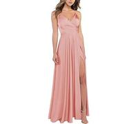 xxxiticat Robe de bal longue en satin pour femme - Col en V - Bretelles spaghetti - Robe de demoiselle d'honneur formelle en satin - Robe de soirée avec fente, perle de pêche, 3XL