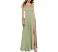 xxxiticat Robe de demoiselle d'honneur en satin avec col en V et bretelles spaghetti - Robe de soirée formelle avec fente, vert, L