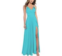 xxxiticat Robe de demoiselle d'honneur pour femme avec bretelles fines en satin, col en V, forme A, avec fente pour soirée de fin d'année, bleu ciel, 3XL