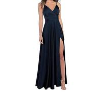xxxiticat Robe de demoiselle d'honneur pour femme avec bretelles fines en satin, col en V, forme A, avec fente pour soirée de fin d'année, Bleu nuit, XS
