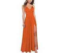xxxiticat Robe de demoiselle d'honneur pour femme avec décolleté en V et bretelles fines en satin, robe de soirée de style A avec fente pour bal de fin d'année, Couleur : orange., L