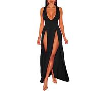 xxxiticat Robe débardeur Longue sans Manches avec col en V Profond et Coupe Basse Fendue pour Femme, Noir, Taille M