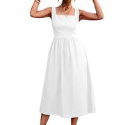 xxxiticat Robe décontractée pour femme - Col rectangulaire - Sans manches - Plissée - Ligne A - Pour l'été - Plage - Style bohème - Élégante robe midi sans dos, Blanc., M