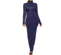 xxxiticat Robe longue moulante stretch avec col roulé et manches longues Couleur unie, bleu foncé, L