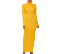xxxiticat Robe longue moulante stretch avec col roulé et manches longues Couleur unie, jaune, XXL