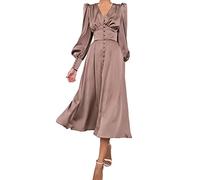 xxxiticat Robe maxi en satin à manches longues pour femme - Manches longues lanternes - Boutonnière - Volants - Une rangée - Vintage - Manches bouffantes - Robe midi, marron, S