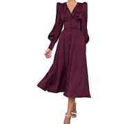 xxxiticat Robe maxi en satin à manches longues pour femme - Manches longues lanternes - Boutonnière - Volants - Une rangée - Vintage - Manches bouffantes - Robe midi, Bordeaux, XL