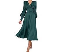 xxxiticat Robe maxi en satin à manches longues pour femme - Manches longues lanternes - Boutonnière - Volants - Une rangée - Vintage - Manches bouffantes - Robe midi, vert foncé, M