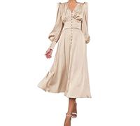 xxxiticat Robe maxi en satin à manches longues pour femme - Manches longues lanternes - Boutonnière - Volants - Une rangée - Vintage - Manches bouffantes - Robe midi, XL