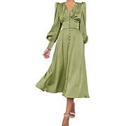 xxxiticat Robe maxi en satin à manches longues pour femme - Manches longues lanternes - Boutonnière - Volants - Une rangée - Vintage - Manches bouffantes - Robe midi, vert, M
