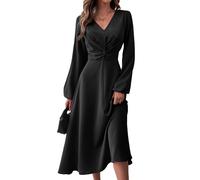 xxxiticat Robe maxi pour femme - Col en V - Manches longues - Volants - Taille empire - Ligne A - Élégante robe de tempérament - Robe coctail, Noir , S