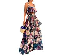xxxiticat Tenues sexy deux pièces pour femme - Motif floral bohème - Débardeur à volants - Taille haute - Jupe longue tropicale, multicolore, L