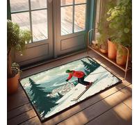 XYBH Home Decor Men A Skier Descends A Snowy Slope In A Picturesque Mountainous Landscape. Paillasson extérieur pour porte d'entrée Grand tapis de bain (65 x 90 cm)