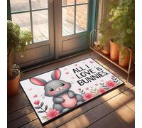XYBH Paillasson amusant avec texte « A Cute Bunny Around Of Pink Flowers With The Text All I Love Is Bunnies. Paillasson pour entrée intérieure Tapis d'automne extérieur (50 x 80 cm)